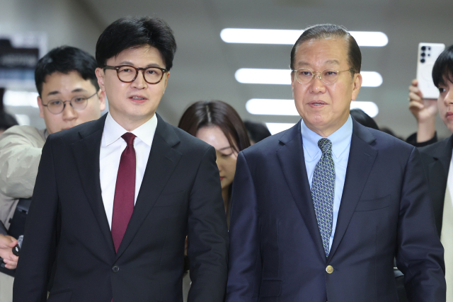 국민의힘 권영세 비상대책위원장과 대권에 도전하는 한동훈 전 대표가 10일 서울 여의도 국회에서 면담 장소로 이동하며 대화하고 있다. 연합뉴스