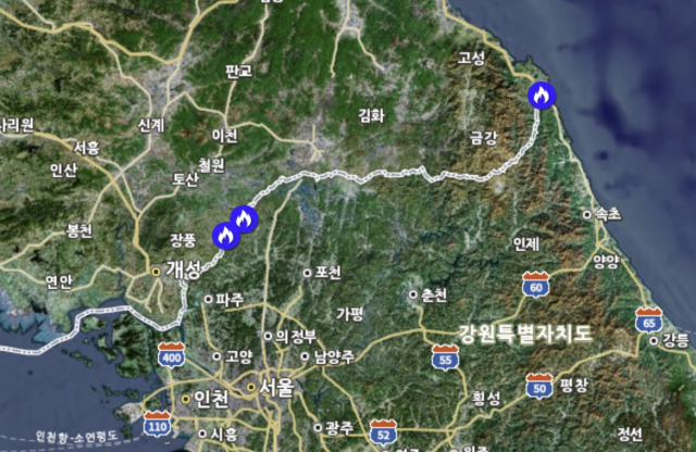 4월 10~11일 휴전선(군사분계선, MDL) 인근 산불 발생 사례. 산림청