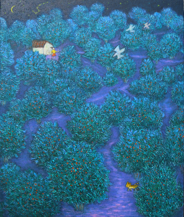 정남선, 호랭이 꽃愛빠지다, 73x60.6, 목천에 혼합재료, 2025