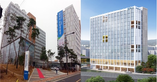 왼쪽은 경기 고양시의 대학생 연합기숙사이고, 오른쪽은 서울 용산의 대학생 연합기숙사 조감도이다. 한국장학재단 제공