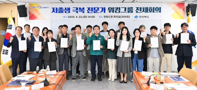 22일 김학홍 경북도 행정부지사 주재로 열린 저출생 극복 전문가 워킹그룹 전제 회의에 참석한 관계자들이 기념촬영을 하고 있다. 경북도 제공