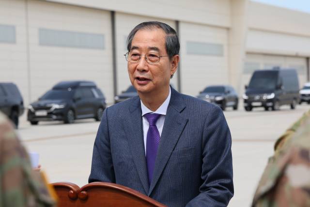 한덕수 대통령 권한대행 국무총리가 23일 경기도 평택 캠프 험프리스 한미연합사령부를 방문해 발언하고 있다. 연합뉴스