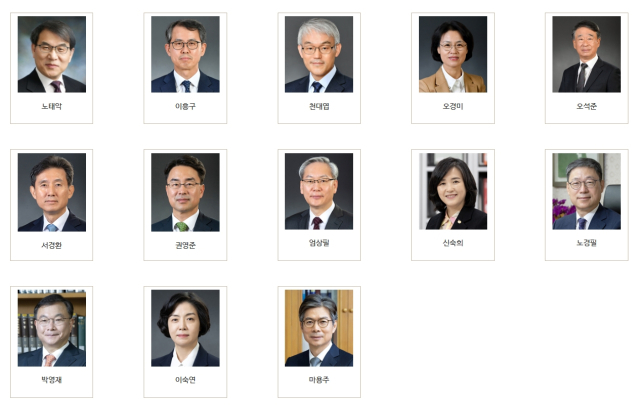 대법관 13인. 왼쪽 상단부터 노태악, 이흥구, 천대엽, 오경미, 오석준, 서경환, 권영준, 엄상필, 신숙희, 노경필, 박영재, 이숙연, 마용주. 대법원 홈페이지