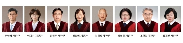 윤석열 전 대통령 탄핵심판 및 파면 결정(4월 4일) 당시 헌법재판관 8인. 왼쪽부터 문형배, 이미선, 김형두, 정정미, 정형식, 김복형, 조한창, 정계선. 이 가운데 문형배·이미선 헌법재판관은 4월 18일 퇴임. 마은혁 헌법재판관이 4월 9일부터 임기 시작. 헌법재판소 홈페이지
