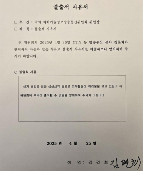 김건희 여사, 국회 청문회 불출석 사유서 제출…이유는 '심신 미약'