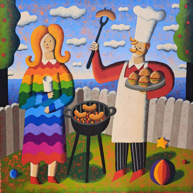 조르디 핀토, The feast of happiness, 80x80x1.5cm, Acrylic on canvas, 2025