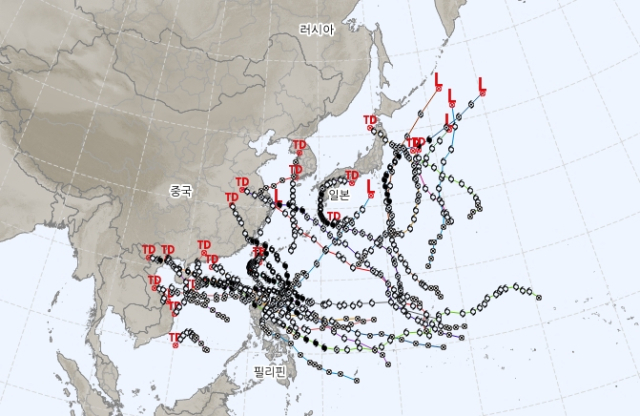 2024년 발생 1~26호 태풍 최종 경로. 기상청