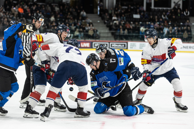 치열하게 퍽을 다투는 한국과 에스토니아. 국제아이스하키연맹(IIHF) 제공