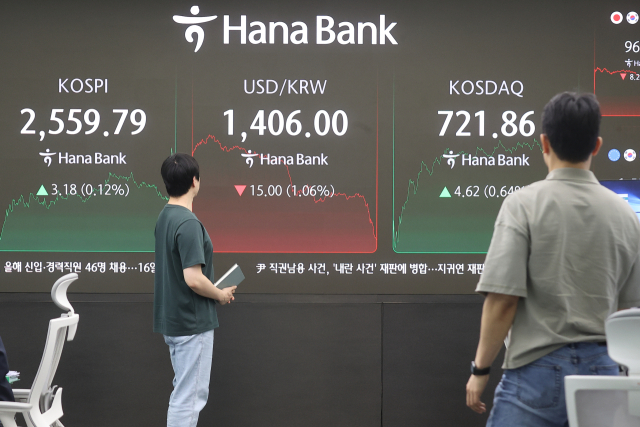 코스피가 2일 2,550대에서 강보합으로 마감했다. 이날 코스피 지수는 전장보다 3.18포인트(0.12%) 오른 2,559.79로 장을 마쳤다. 이날 장을 마친 서울 하나은행 본점 딜링룸에서 직원들이 업무를 보고 있다. 연합뉴스