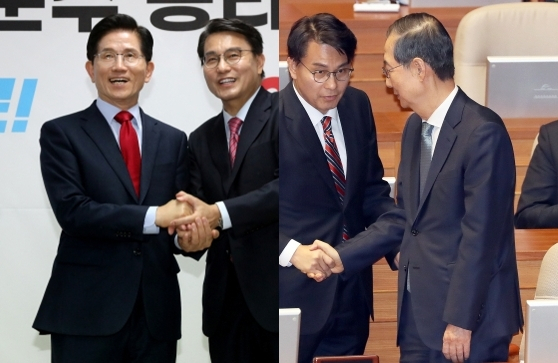 지난 4월 22일 기준 국민의힘 윤상현 의원이 국민의힘 김문수 대선 경선 후보 사무실인 서울 여의도 대하빌딩을 찾아 지지 선언을 한 뒤 손잡고 있다. (오른쪽 사진)지난 4월 24일 기준 한덕수 대통령 권한대행 국무총리가 국회 본회의장에서 시정연설 전 국민의힘 윤상현 의원과 인사하고 있다. 연합뉴스