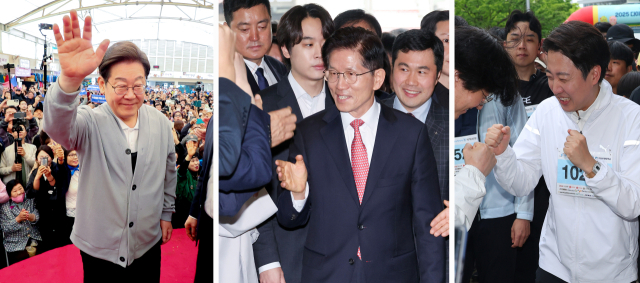 제21대 대통령선거 공식 선거운동 시작을 하루 앞둔 11일 전남 강진군 강진오감통시장을 찾은 더불어민주당 이재명(왼쪽부터) 대선 후보가 유권자들에게 인사하고 있다. 같은 날 국민의힘 김문수 대선 후보가 지지자들의 환호를 받으며 서울 국민의힘 당사로 들어서고 있고, 개혁신당 이준석 대선 후보가 부산 해운대에서 열린 다이아몬드브릿지 걷기축제에 참가해 시민들에게 인사하고 있다. 연합뉴스