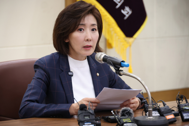 나경원 국민의힘 의원이 대구 중구 대구시의회 회의장에서 기자간담회를 하고 있다. 연합뉴스