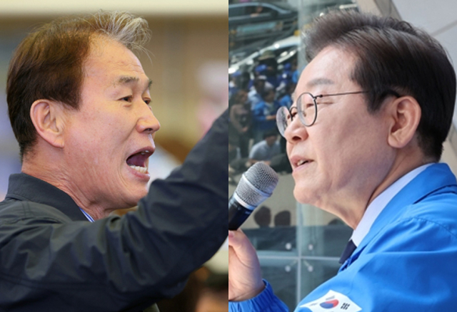 이재명 더불어민주당 대통령 후보(오른쪽), 권오을 더불어민주당 중앙선거대책위원회 국민대통합위원장. 연합뉴스