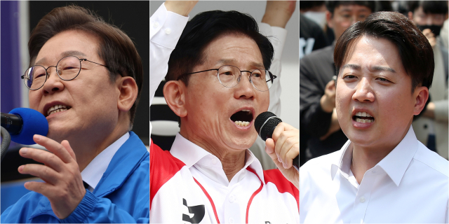제21대 대통령 선출을 위한 공식 선거운동 이틀째인 13일 더불어민주당 이재명 대선 후보(사진 왼쪽부터)가 대구광역시 동성로 거리에서, 국민의힘 김문수 대선 후보가 울산 남구 신정시장에서, 개혁신당 이준석 대선 후보가 대구 경북대학교에서 집중 유세를 하고 있다. 연합뉴스