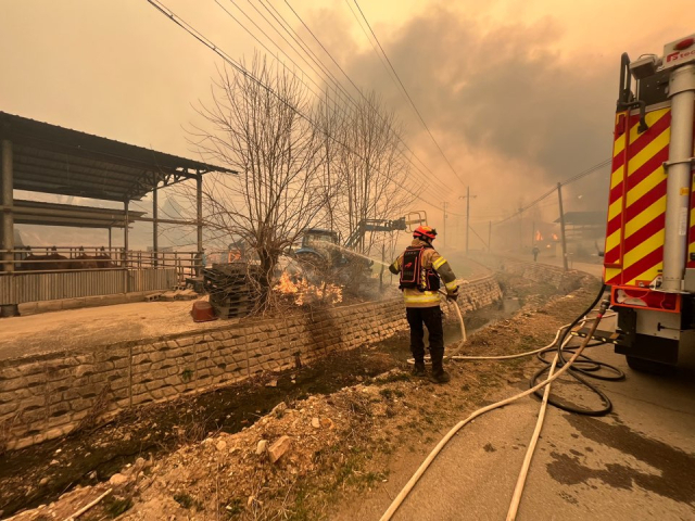 지난달 22일 의성군 안평면에서 소방대원이 축사에 옮겨 붙은 산불을 진화하고 있다. 경북도소방본부 제공.