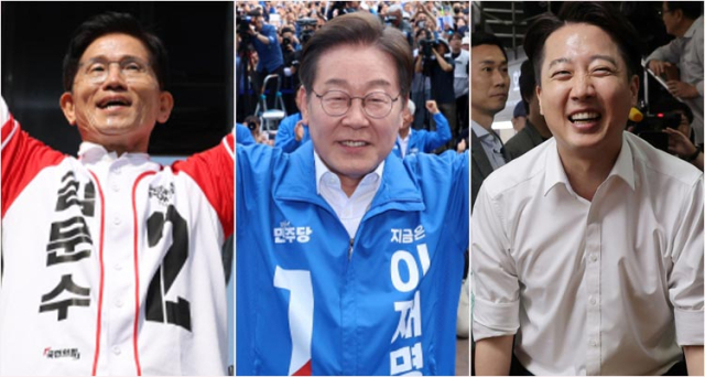 김문수 국민의힘 대선 후보가 14일 경남 진주시 진주광미사거리에서 유세를 하고 있다. (사진 왼쪽)/ 더불어민주당 이재명 대선 후보가 14일 경남 창원시 상남분수광장에서 열린 집중 유세에서 연설을 마친 후 기념 촬영하고 있다. (가운데)/개혁신당 이준석 대선 후보가 14일 부산 자갈치시장을 방문해 상인들과 인사를 나누고 있다. 연합뉴스