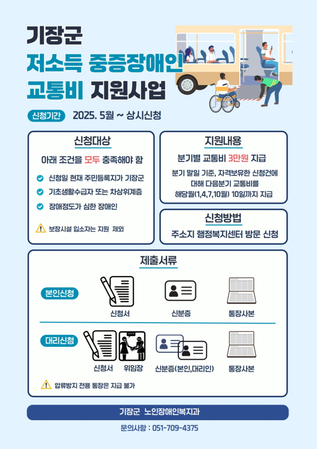 저소득 중증장애인 교통비 지원사업 안내 포스터. [사진=기장군]