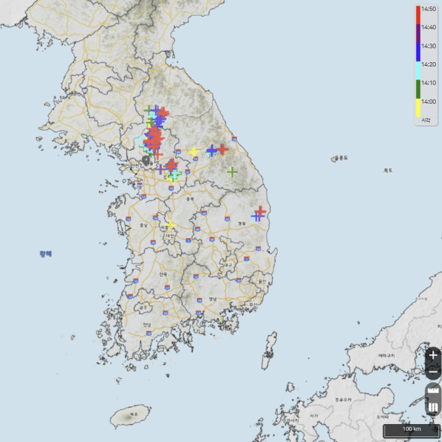 16일 오후 1시 50분~2시 50분 전국 낙뢰 현황. 기상청
