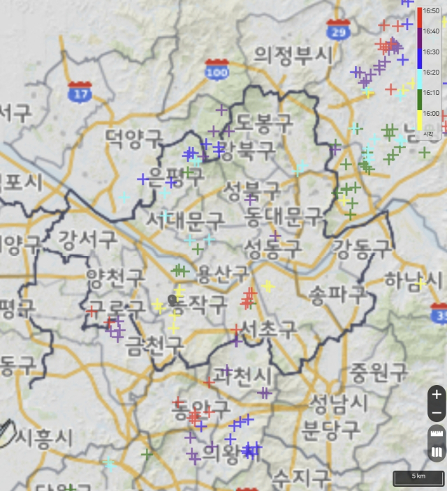 16일 오후 3시 50분~4시 50분 서울 및 주변 수도권 낙뢰 발생 현황. 기상청