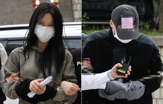 축구 국가대표팀 주장 손흥민의 아이를 임신했다고 주장하며 손씨에게 돈을 뜯어내려 한 20대 여성 양모씨(왼쪽)와 40대 남성 윤모씨가 17일 영장실질심사를 받기 위해 서울중앙지법에 들어서고 있다. 연합뉴스