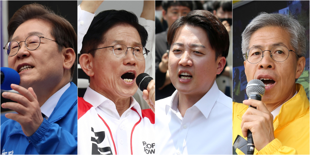 제21대 대통령 선출을 위한 공식 선거운동 이틀째인 13일 더불어민주당 이재명 대선 후보(사진 왼쪽부터)가 대구광역시 동성로 거리에서, 국민의힘 김문수 대선 후보가 울산 남구 신정시장에서, 개혁신당 이준석 대선 후보가 대구 경북대학교에서, 민주노동당 권영국 대선 후보가 서울 성신여대입구역 인근에서 집중 유세를 하고 있다. 연합뉴스