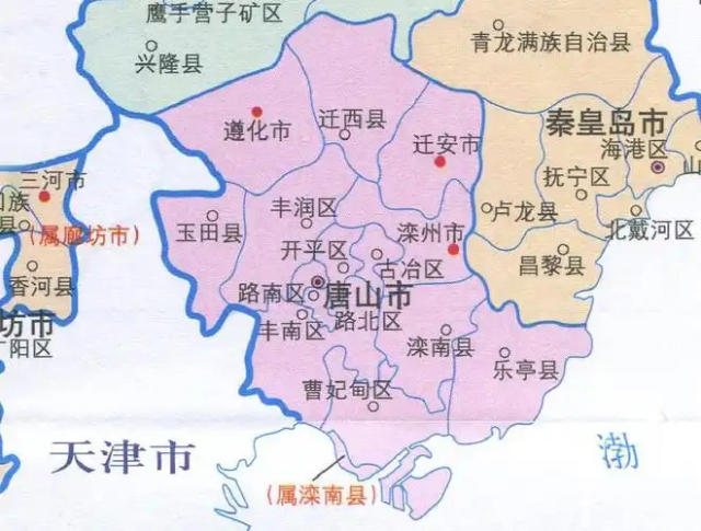 고구려 요서 10성의 흔적이 남아있는 하북성 당산시 지도, 당산시 동쪽에 고구려의 평양성이 있었던 창려현, 노룡현이 보인다
