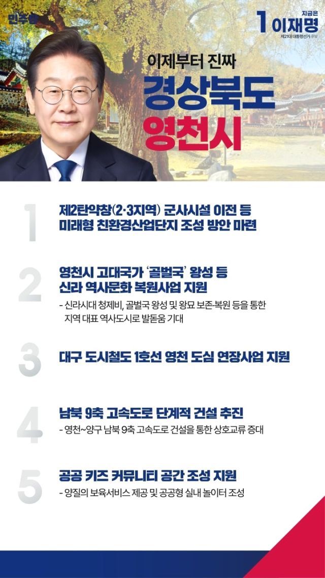 더불어민주당 중앙선거대책위원회가 19일 발표한 영천시 대선 지역 공약 내용을 담은 홍보 포스터. 더불어민주당 영천청도지역위원회 제공