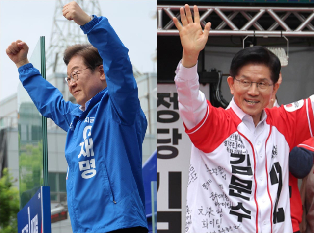 더불어민주당 이재명 대선 후보가 서울 표심 잡기에 나선 19일 서울 영등포구 타임스퀘어에서 열린 유세에서 주먹을 불끈 쥐고 있다.(왼쪽) /국민의힘 김문수 대선 후보가 19일 서울 청계광장에서 청년 정책 공약 발표를 위해 무대에 오르고 있다. 연합뉴스