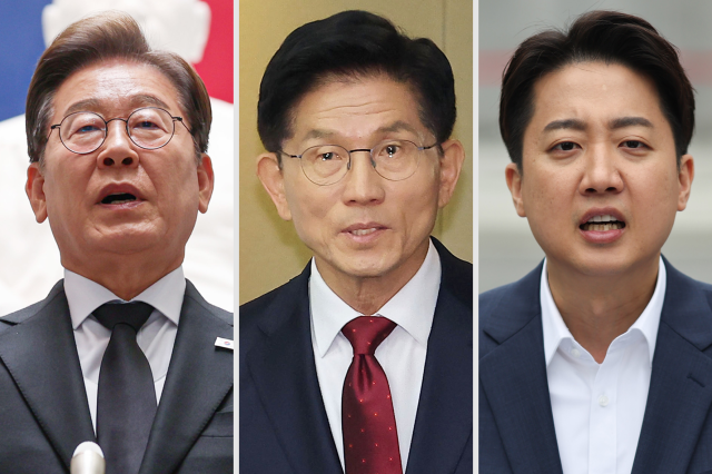 이재명 더불어민주당 대선 후보(사진 왼쪽), 김문수 국민의힘 대선 후보(가운데), 이준석 개혁신당 대선 후보. 연합뉴스