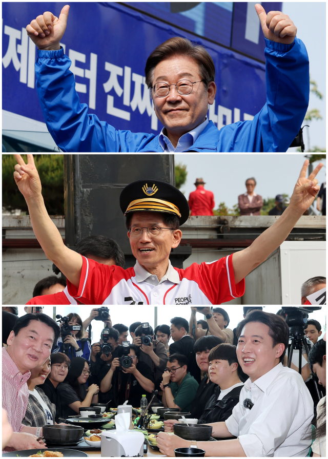 21일 더불어민주당 이재명(사진 위쪽부터) 대선 후보는 인천광역시 부평역 북광장에서, 국민의힘 김문수 대선 후보는 경기 파주시 파주 새암공원에서 집중유세를 하고 있다. 개혁신당 이준석 대선 후보는 경기 성남시 가천대학교를 찾아