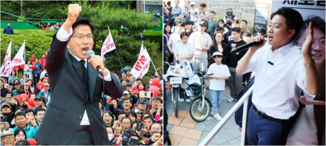 국민의힘 김문수 대선 후보가 24일 구미 박정희 대통령 생가 인근 유세 현장에서 지지를 호소하고 있다. 안성완 기자 asw0727@imaeil.com(사진 왼쪽)/ 개혁신당 이준석 대선후보가 25일 서울 종묘 인근 서순라길에서 유세를 하고 있다. 연합뉴스