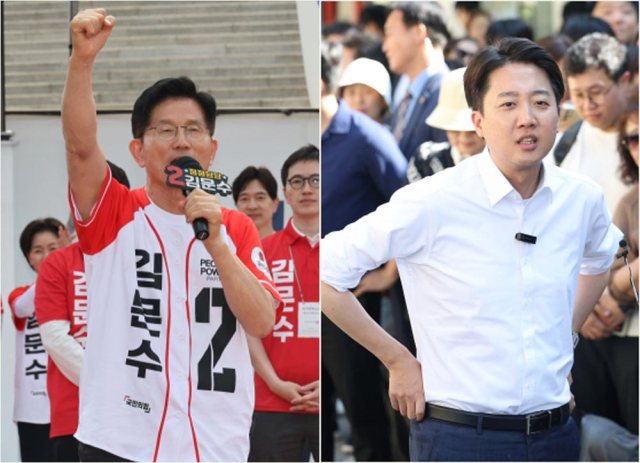 국민의힘 김문수 대선 후보가 26일 경기 용인시 용인 포은아트갤러리 광장에서 열린 집중유세에서 지지를 호소하고 있다. (사진 왼쪽)/개혁신당 이준석 대선후보가 25일 서울 종로구 종묘 인근 서순라길에서 유세 시작 전 발언하고 있다. 연합뉴스