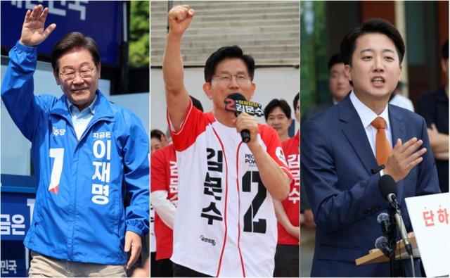 이재명 더불어민주당 대선 후보가 26일 용인시 수지구 단국대 죽전캠퍼스 앞에서 열린 유세에서 시민들에게 인사하고 있다. (왼쪽)/ 김문수 국민의힘 대선 후보가 26일 경기 용인시 용인 포은아트갤러리 광장에서 열린 집중유세에서 지지를 호소하고 있다.(가운데)/ 이준석 개혁신당 대선 후보가 27일 서울 여의도 국회에서 국민의힘 김문수 후보와의 단일화에 대한 거부 입장을 거듭 밝힌 뒤 취재진의 질문에 답하고 있다. 연합뉴스