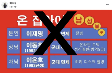 이재명과 아들 이동호·이윤호 모두 '군대면제'? 국힘서 가짜뉴스 공유