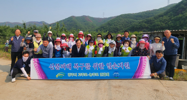 NH농협 경주시지부와 고향·농가주부모임 경주시연합회 회원 등이 28일 경북 안동 사과 농가에서 일손돕기를 했다.