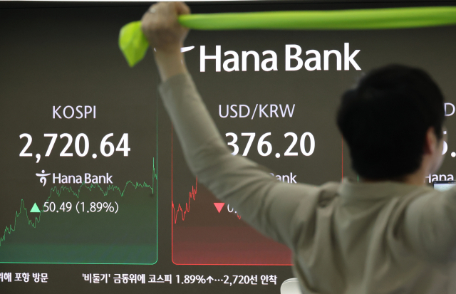 29일 오후 서울 중구 하나은행 본점 딜링룸 현황판에 코스피 지수가 표시돼 있다. 이날 코스피는 1.9% 가까이 올라 10개월 만에 최고치를 기록하며 지난해 8월 