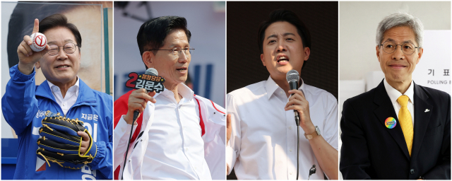제21대 대통령 선거 사전투표 첫날인 29일 더불어민주당 이재명 대선후보(사진 왼쪽부터)가 서울 송파구 잠실종합운동장 광장에서, 국민의힘 김문수 대선후보가 경기 안산시 안산문화광장에서, 개혁신당 이준석 대선후보가 서울 성북구 안암역 인근에서, 민주노동당 권영국 후보가 전남 여수시 주암마을회관에 마련된 사전투표소에서 지지를 호소하고 있다. 연합뉴스