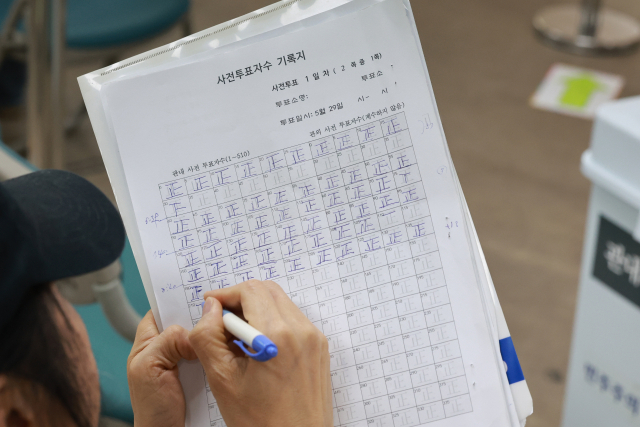 21대 대통령 선거 사전투표 둘째날인 30일 서울 서대문구 구 신촌동주민센터에 마련된 신촌동사전투표소에서 참관인이 사전 투표자 수를 기록하고 있다. 연합뉴스