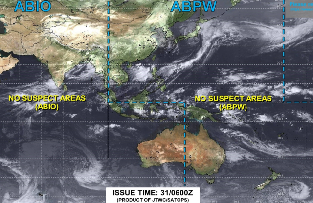 태풍 발생 조짐이 전혀 없는 2025년 5월 31일 기준 미국 합동태풍경보센터(JTWC, Joint Typhoon Warning Center) 태풍 발생 추적도. 그러나 역대 통계를 따지면 6월부터는 태풍 발생 가능성이 부쩍 높아진다. JTWC 홈페이지