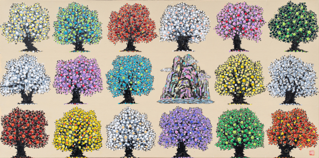 명현철, 기운생목(氣韻生木), 40×80cm, 캔버스에 황토,먹,채색, 2024