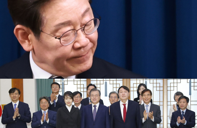 (위)이재명 대통령 (아래)2019년 7월 25일 청와대에서 문재인 전 대통령으로부터 신임 검찰총장 임명장을 받은 윤석열 전 대통령과 부인 김건희 씨 등이 기념촬영을 하는 모습. 맨 왼쪽은 조국 전 조국혁신당 대표. 연합뉴스