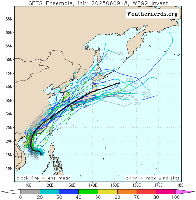 다중앙상블(GEFS) 모델 92W 열대요란(향후 1호 태풍 우딥) 예상경로