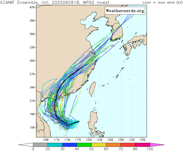 유럽중기예보센터(ECMWF) 앙상블(Ensemble) 모델 감시 92W 열대요란(향후 1호 태풍 우딥) 예상경로