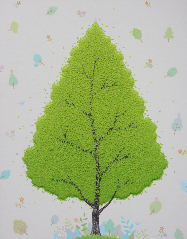 김선영, Leaf Story, 2025, Mixed media on canvas, Swarovski, 90.9×72.7cm