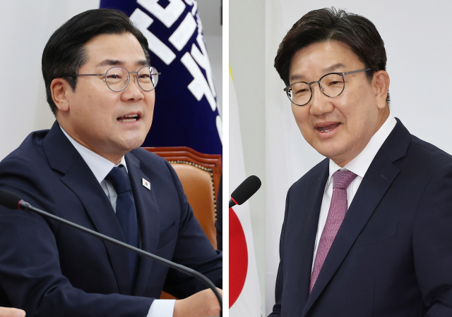 더불어민주당 당대표 직무대행 겸 원내대표(왼쪽)와 국민의힘 권성동 원내대표가 12일 서울 여의도 국회에서 각각 열린 퇴임 기자회견에서 소회를 밝히고 있다. 연합뉴스