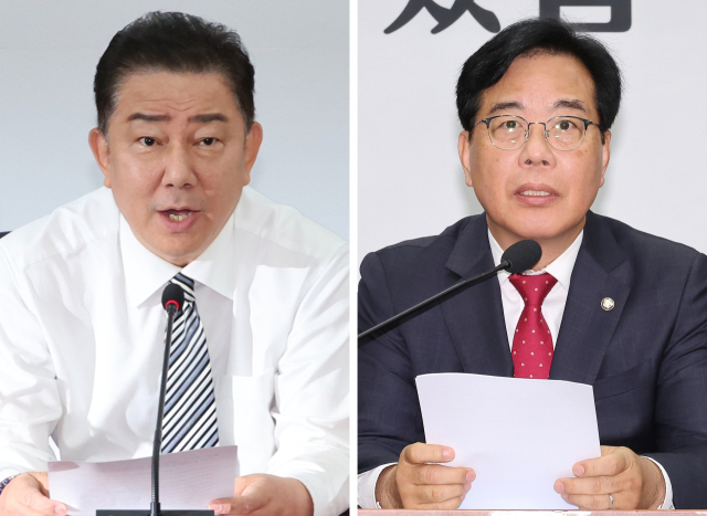 더불어민주당 김병기 당대표 직무대행 겸 원내대표(왼쪽)와 국민의힘 송언석 원내대표가 17일 서울 여의도 국회에서 원내대책회의를 각각 주재하고 있다. 연합뉴스