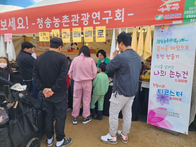 청송사과축제 중 농촌관광연구회 체험부스가 관광객을 상대로 운영되고 있는 모습. 청송군 제공