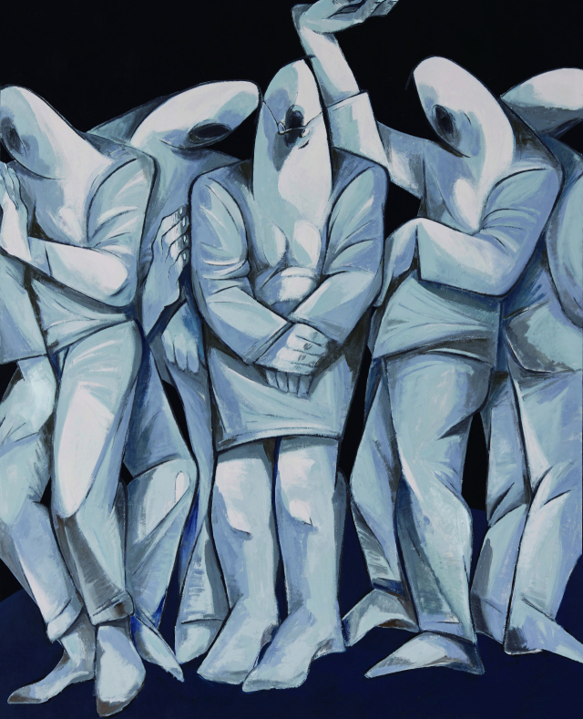 최우영, 군상ㅡ같은 곳에 서있지만, 장지에 과슈와 목탄, 162.2x130.3cm, 2024