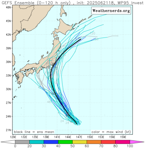 다중앙상블(GEFS) 모델 95W 열대요란(향후 2호 태풍 스팟 발달 가능성) 예상경로