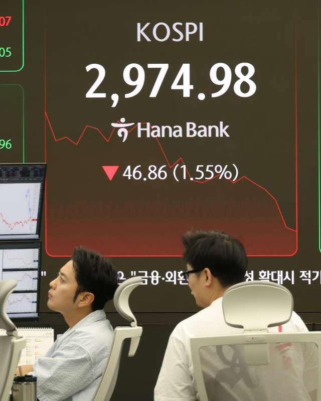 23일 오전 서울 하나은행 본점 딜링룸에 코스피 지수가 표시돼 있다. 이날 코스피는 미국의 이란 핵 시설 공격으로 중동 불안이 최고조로 치닫자 2,990대로 후퇴했다. 연합뉴스